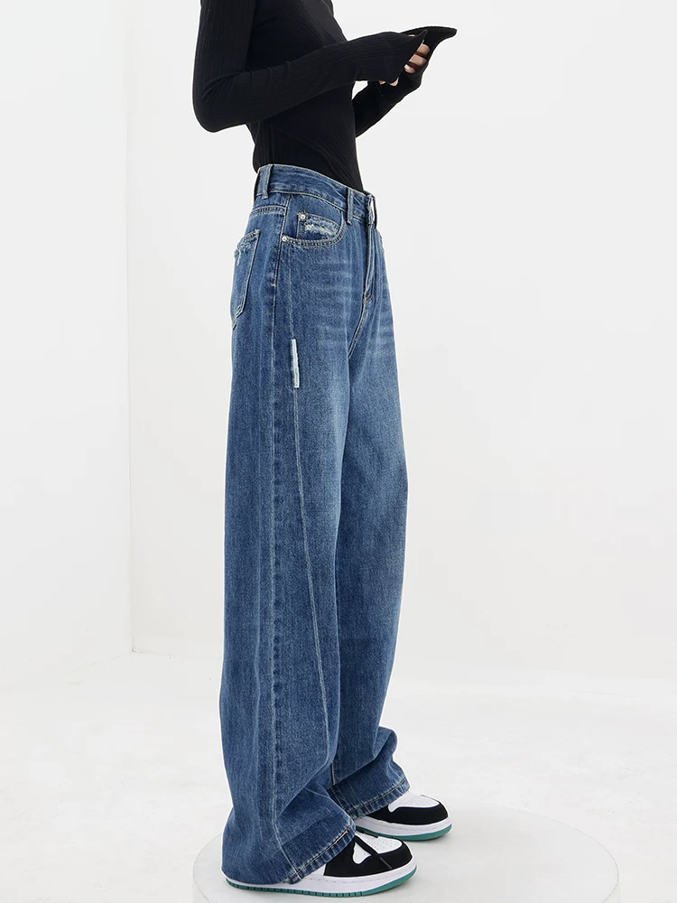 Quần jean ống đứng lưng cao màu xanh KEN STUDIO dành cho nữ, mùa thu đông, lót lông cừu, dáng rộng, giúp chân trông dài hơn, thon gọn hơn và cao hơn.