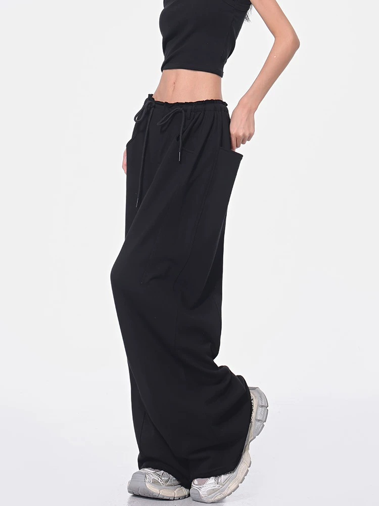 KEN STUDIO Xuân Thu Quần dài dây rút màu đen mới Quần nữ lưng cao dáng rộng Quần ống rộng dài đến sàn