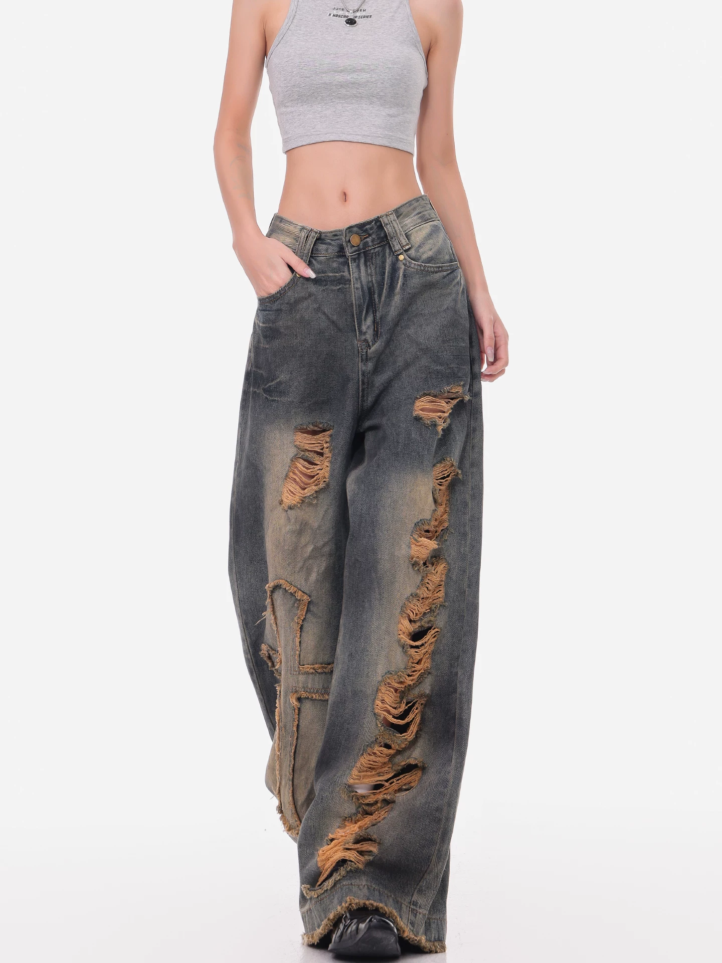 Quần jean rách kiểu cổ điển KEN STUDIO dành cho nữ, thiết kế mùa hè mới, quần ống rộng dáng rộng