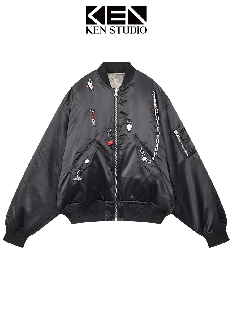 KEN STUDIO Áo khoác chần bông màu đen mùa đông mới dành cho nữ, áo khoác cotton sành điệu, áo khoác dài tay ấm áp và dày dặn