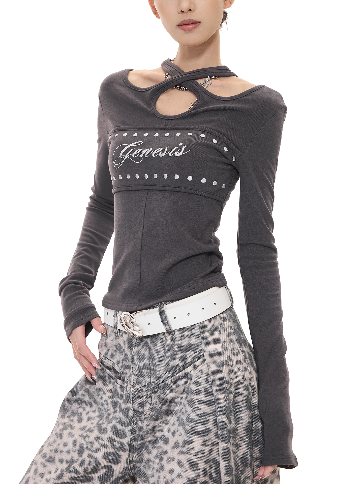 KEN STUDIO Xuân Thu Phong Cách Mới Hot Girl Gợi Cảm In Chữ Áo Thun Dài Tay Nữ Slim Fit Đế Áo Sơ Mi