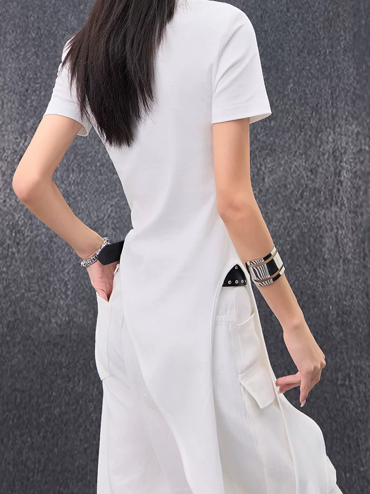 KEN STUDIO áo thun trắng cổ tròn tay ngắn thiết kế mùa hè độc đáo áo dáng rộng bất đối xứng giúp thon gọn