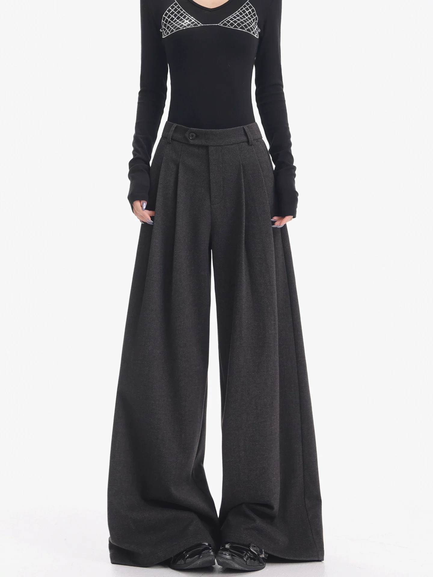 KEN STUDIO Quần tây ống rộng bằng len dày màu xám mới dành cho nữ mùa thu đông, quần dài dáng rộng và tôn dáng