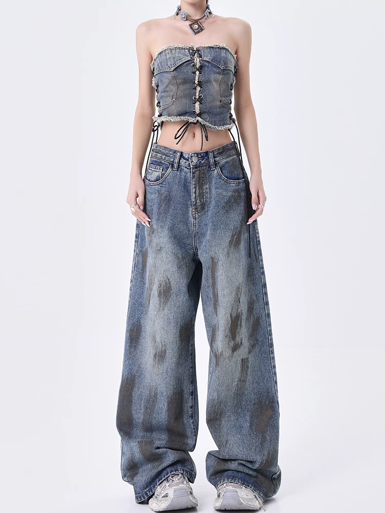 KEN STUDIO Xuân Thu Mới kiểu Mỹ cổ điển Thiết kế phun mực kiểu Mỹ Thiết kế kiểu Mỹ dành cho nữ Quần jean ống rộng dài đến sàn