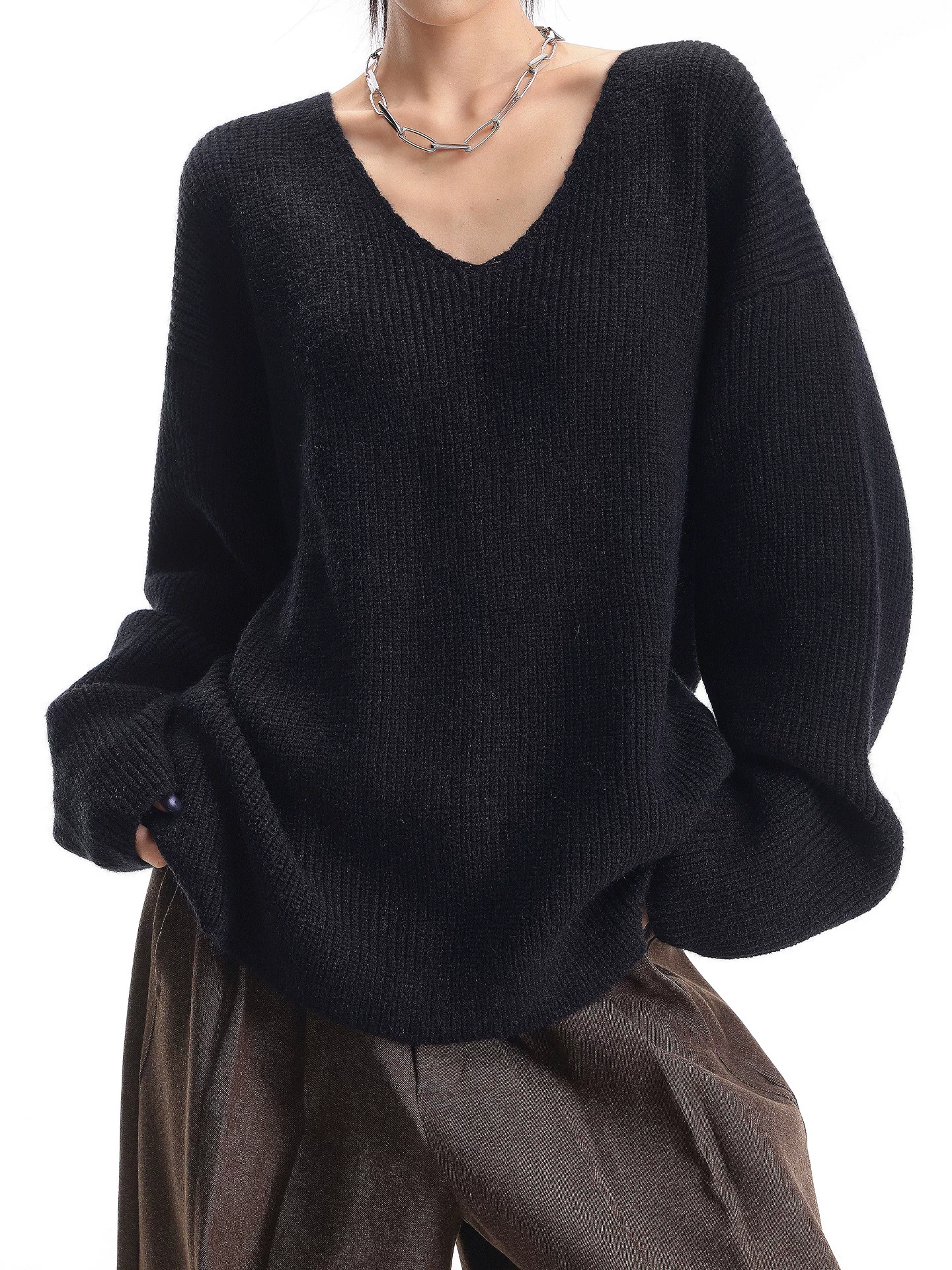 KEN STUDIO Áo dệt kim cổ chữ V màu đen mùa thu đông dành cho nữ, áo dệt kim dáng rộng kiểu dáng lười biếng giúp giảm béo