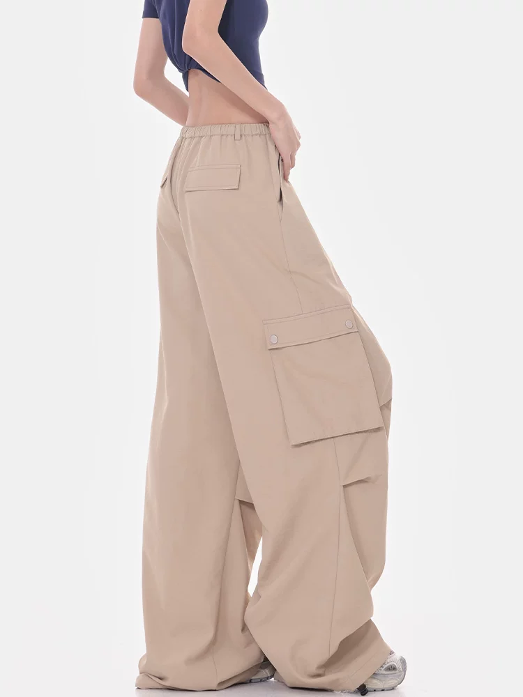 KEN STUDIO mùa hè mới quần cargo ống rộng xếp ly theo phong cách retro Mỹ dành cho nữ, quần jogger ống thẳng dài đến sàn kiểu lính dù