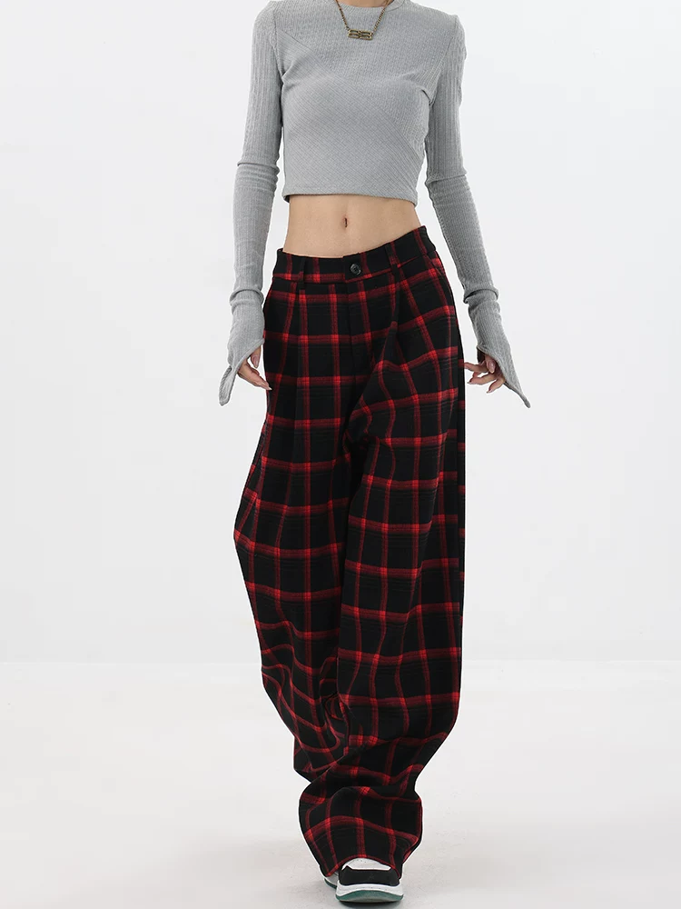 KEN STUDIO quần kẻ sọc cổ điển dày dặn lót lông cừu mùa thu đông dành cho nữ, quần ống đứng dáng rộng ấm áp, giản dị