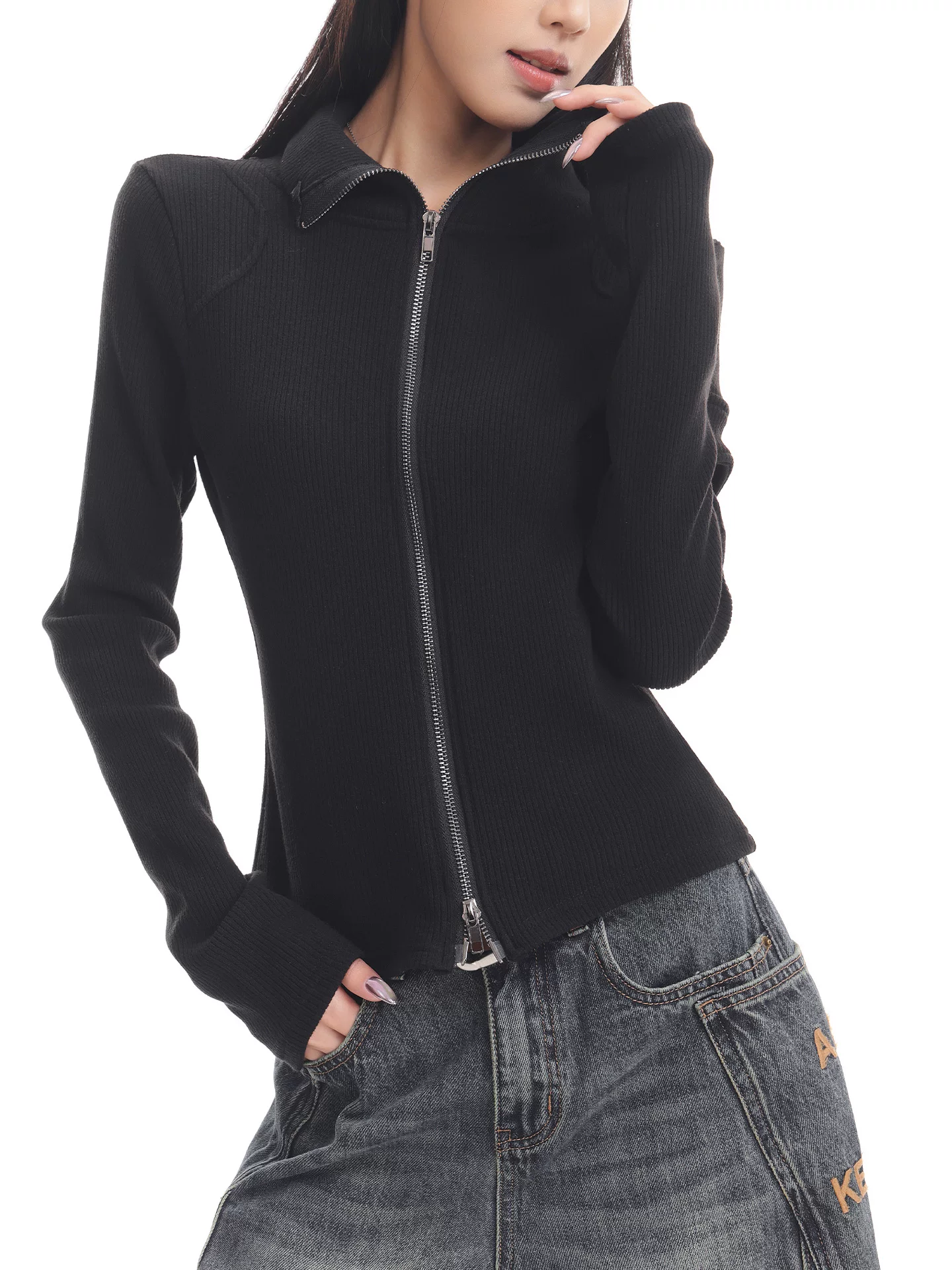 KEN STUDIO mới mùa thu đông màu đen dệt kim nữ có khóa kéo đôi có ve áo dáng ôm vừa vặn áo cardigan dài tay