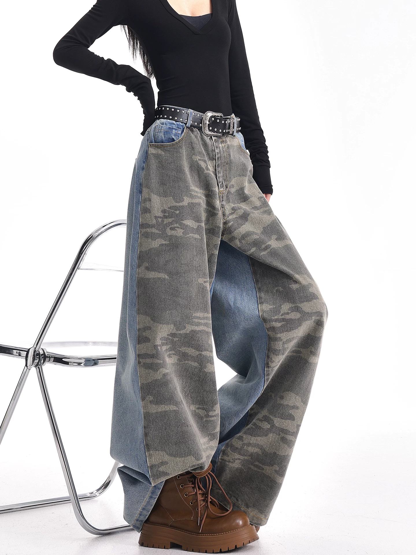 KEN STUDIO mùa thu đông mới quần jean phối màu rằn ri phối màu kiểu Mỹ quần ống rộng dài đến sàn kiểu Mỹ