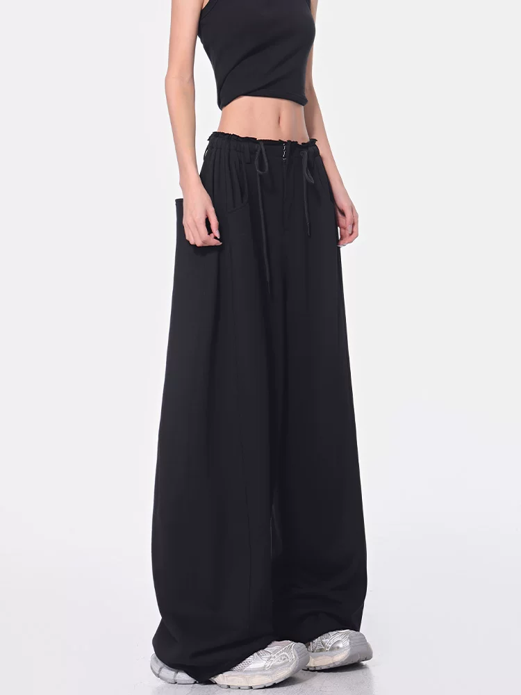 KEN STUDIO Xuân Thu Quần dài dây rút màu đen mới Quần nữ lưng cao dáng rộng Quần ống rộng dài đến sàn