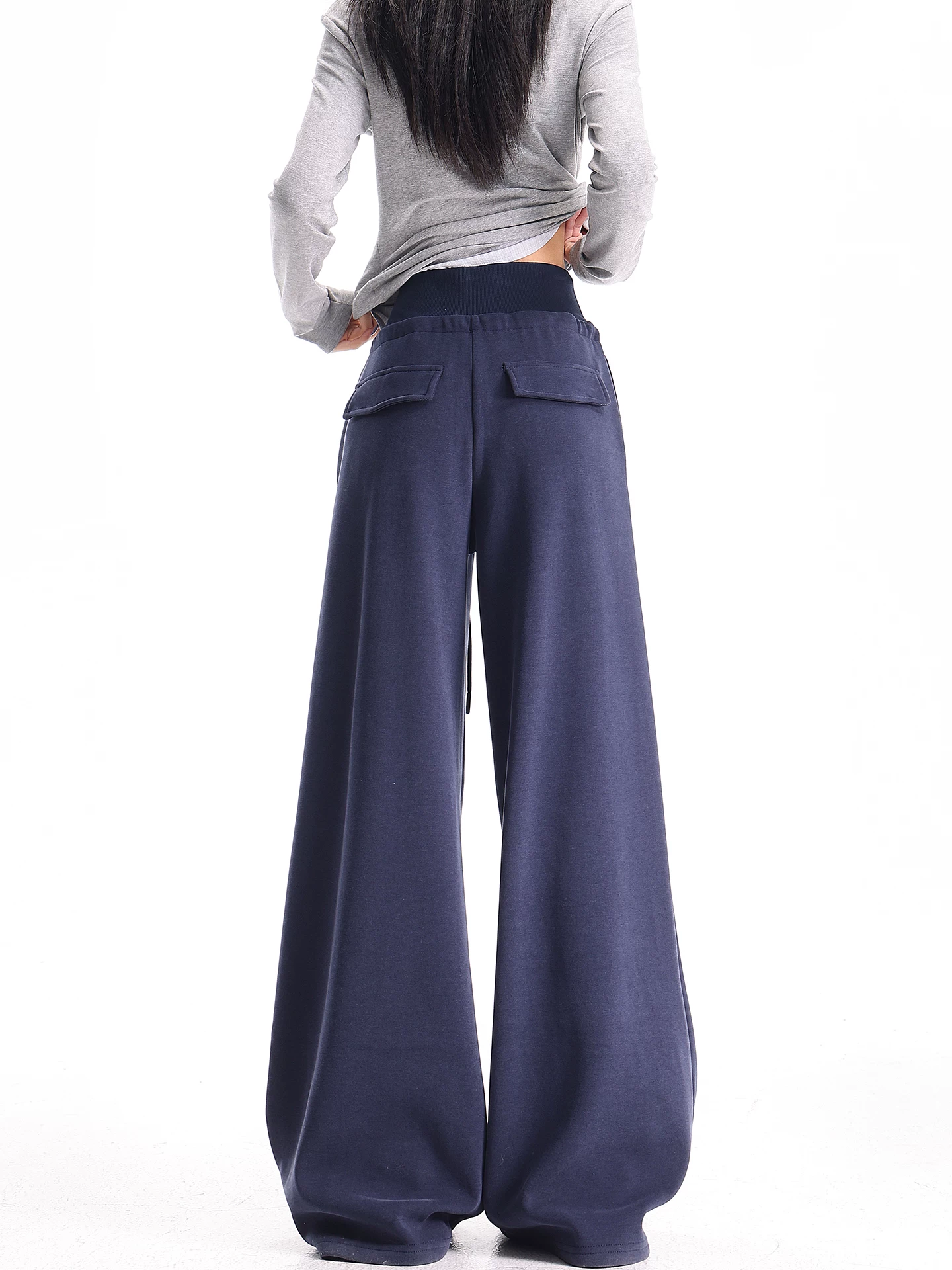 KEN STUDIO Quần thể thao dáng rộng màu xanh lam phong cách Mỹ mới dành cho nữ, có lót lông cừu, dày dặn, quần thể thao ống rộng