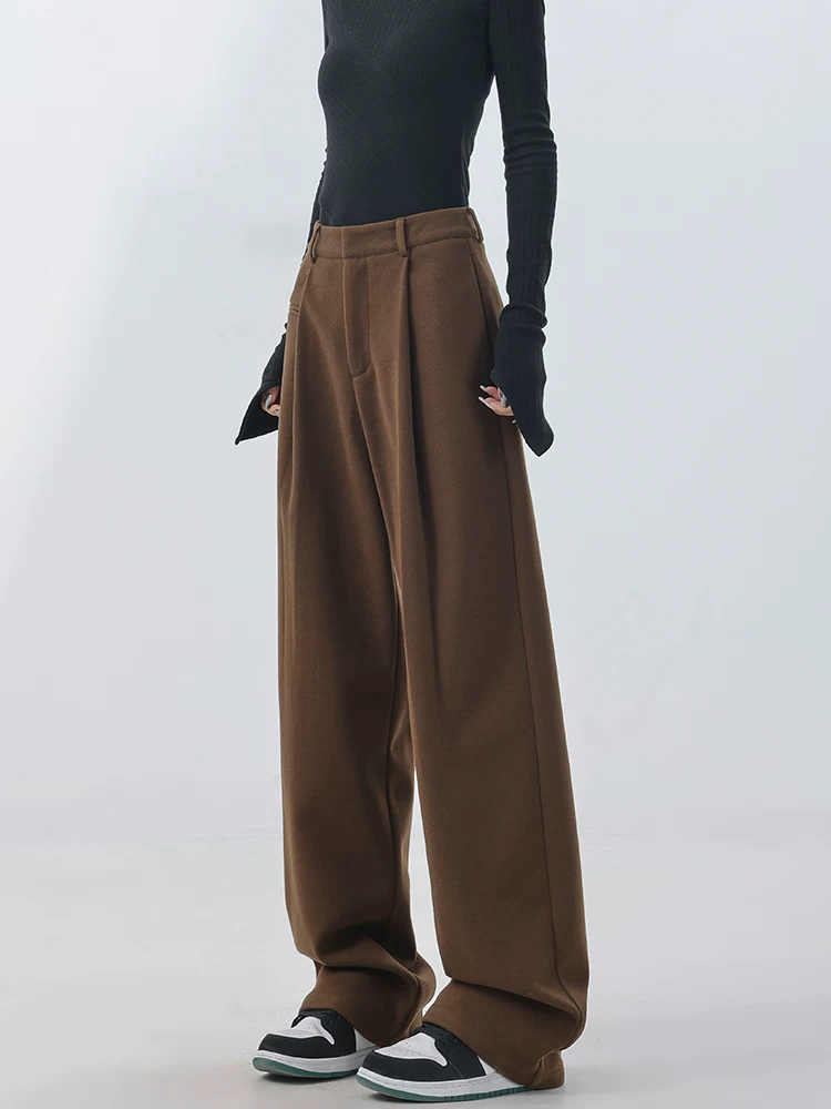 KEN STUDIO mùa thu đông dày dặn len ống thẳng phù hợp với quần âu quần âu nữ quần ống rộng quần âu quần dài