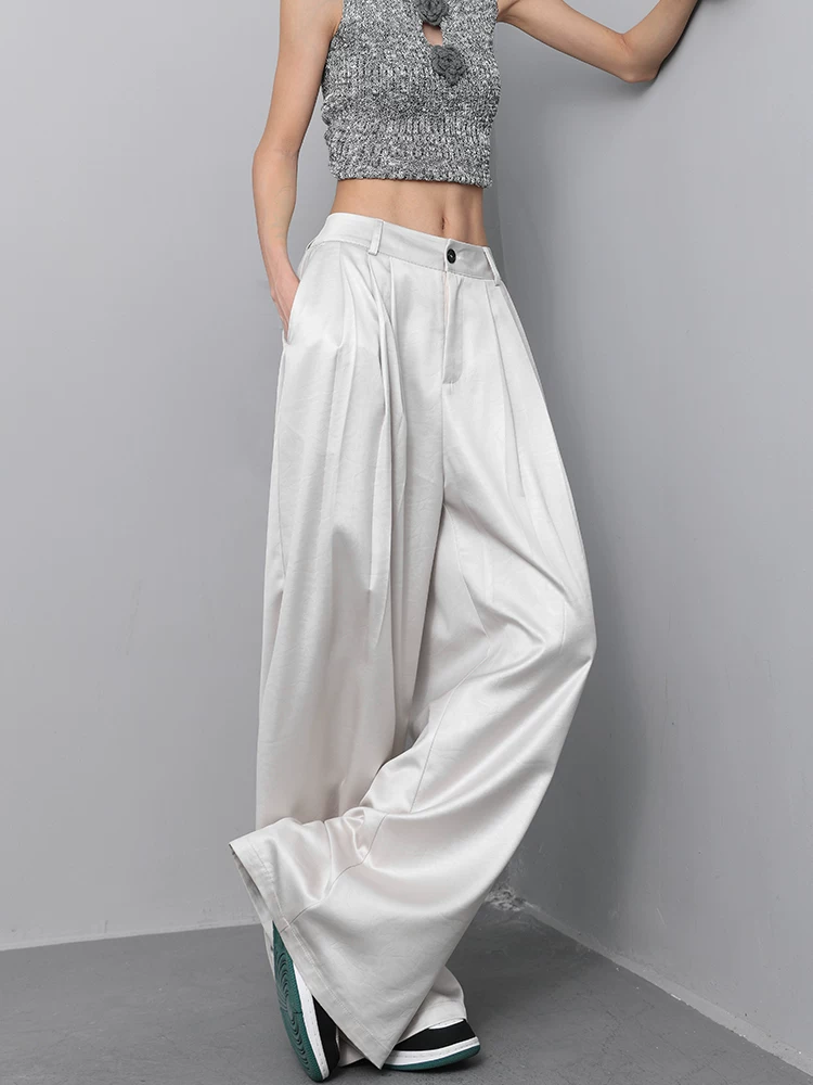KEN STUDIO mùa hè mới mỏng màu mơ màng có kết cấu như lụa băng quần dài nữ tính thường ngày quần ống rộng dáng rộng