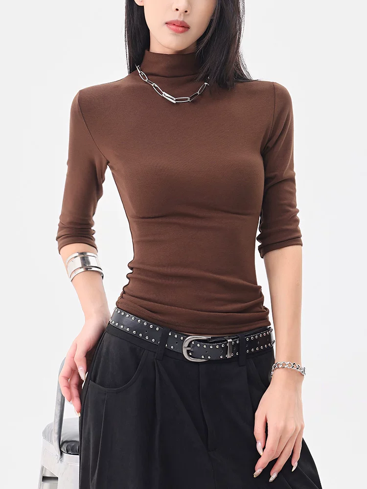 KEN STUDIO Áo thun dệt kim nửa tay cổ cao Melard dành cho nữ, áo trong mỏng vừa vặn mới đầu mùa thu