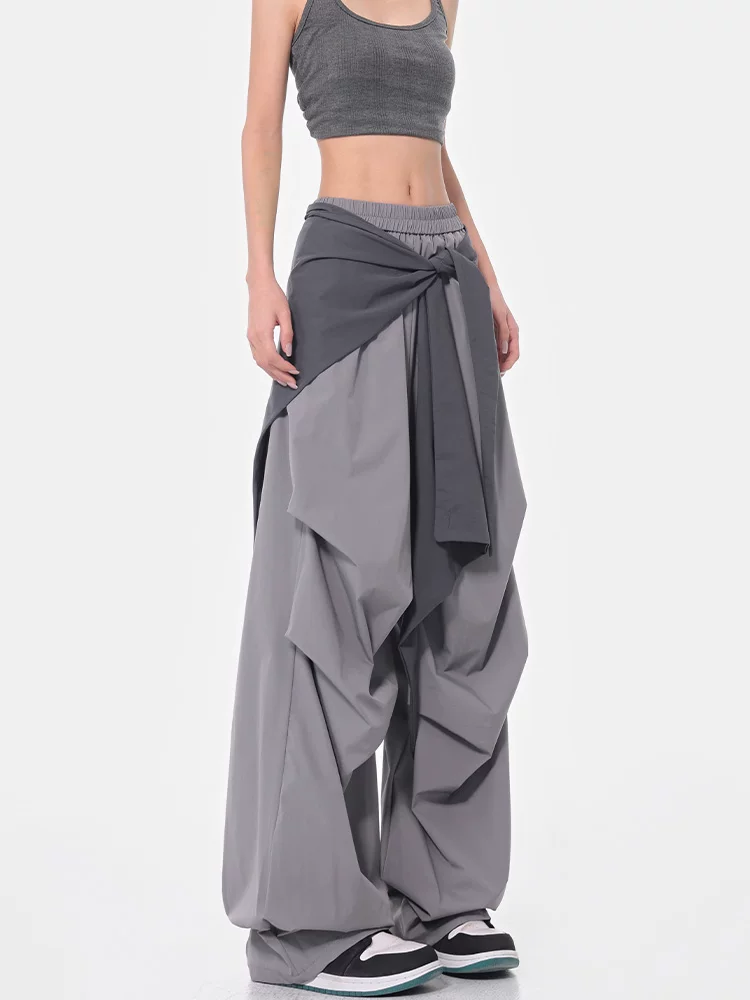 KEN STUDIO mùa hè mới quần lính dù kiểu Mỹ có dây thắt lưng dành cho nữ, quần ống đứng dáng rộng phong cách đường phố, quần thường ngày