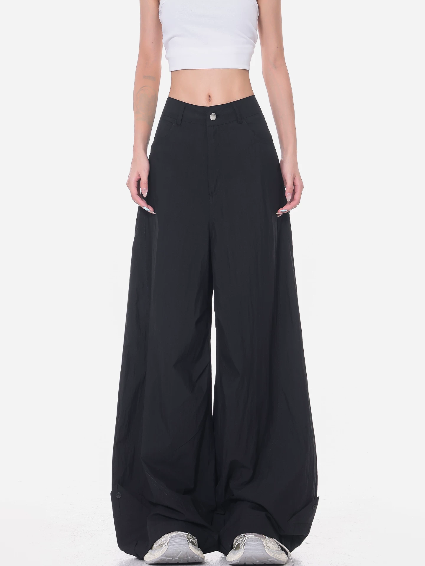 KEN STUDIO mùa hè mới quần cargo ống rộng màu đen khô nhanh dành cho nữ, quần cạp cao, dáng rộng, dáng rộng, quần thường ngày giúp giảm béo