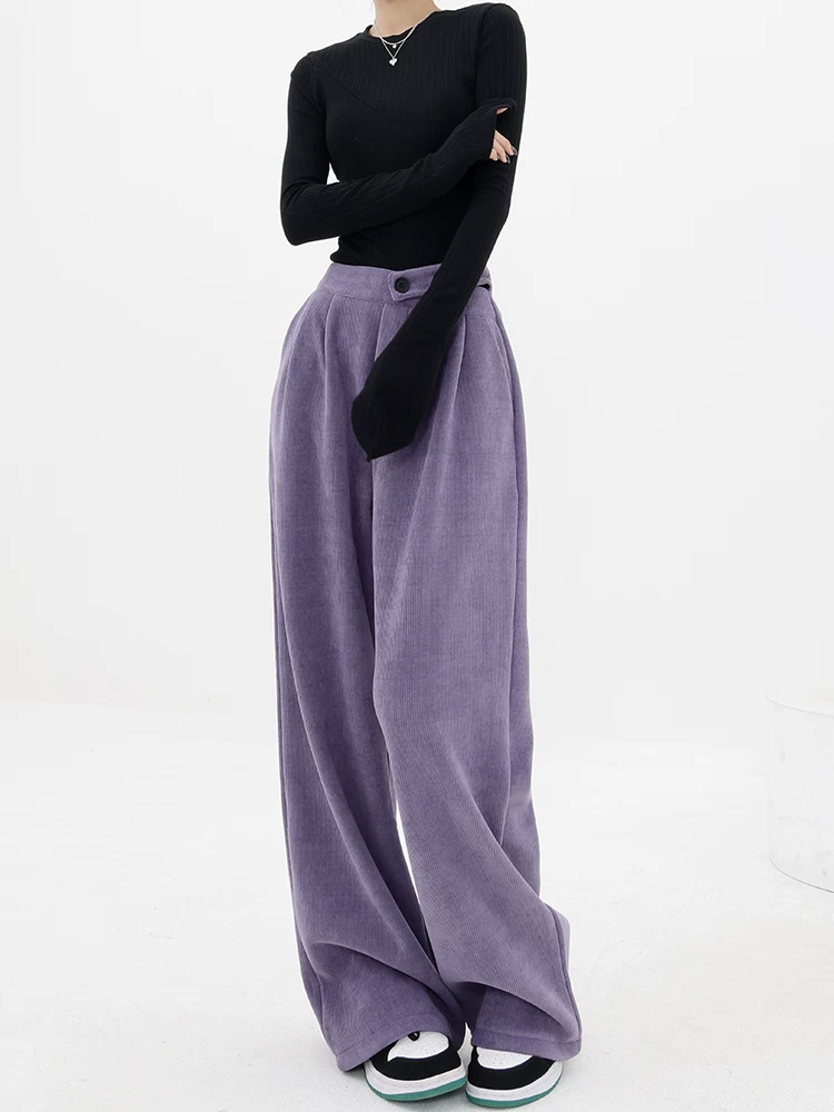 Quần thường ngày lót lông cừu bằng vải nhung tím của KEN STUDIO dành cho nữ, quần dài ống rộng thẳng dài đến sàn thiết kế thích hợp cho mùa thu đông