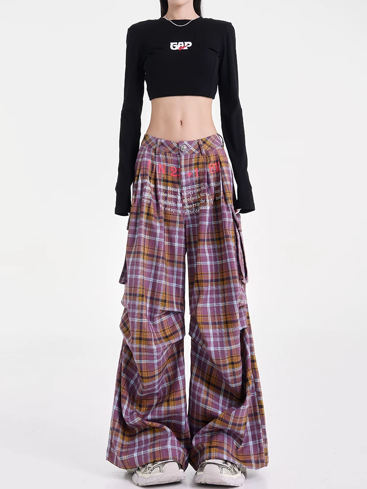 KEN STUDIO Thu Đông Mới Mỹ Retro Kẻ Sọc Quần Âu Nữ Thiết Kế Khối Màu Quần Cargo Quần Dù