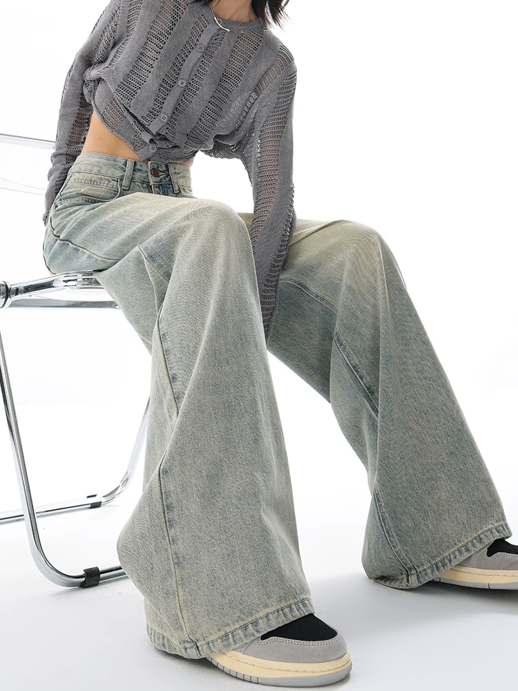 Quần jean ống đứng cổ điển lót lông cừu mùa thu đông của KEN STUDIO dành cho nữ, thiết kế rộng rãi theo phong cách Mỹ, quần ống rộng dài đến sàn.