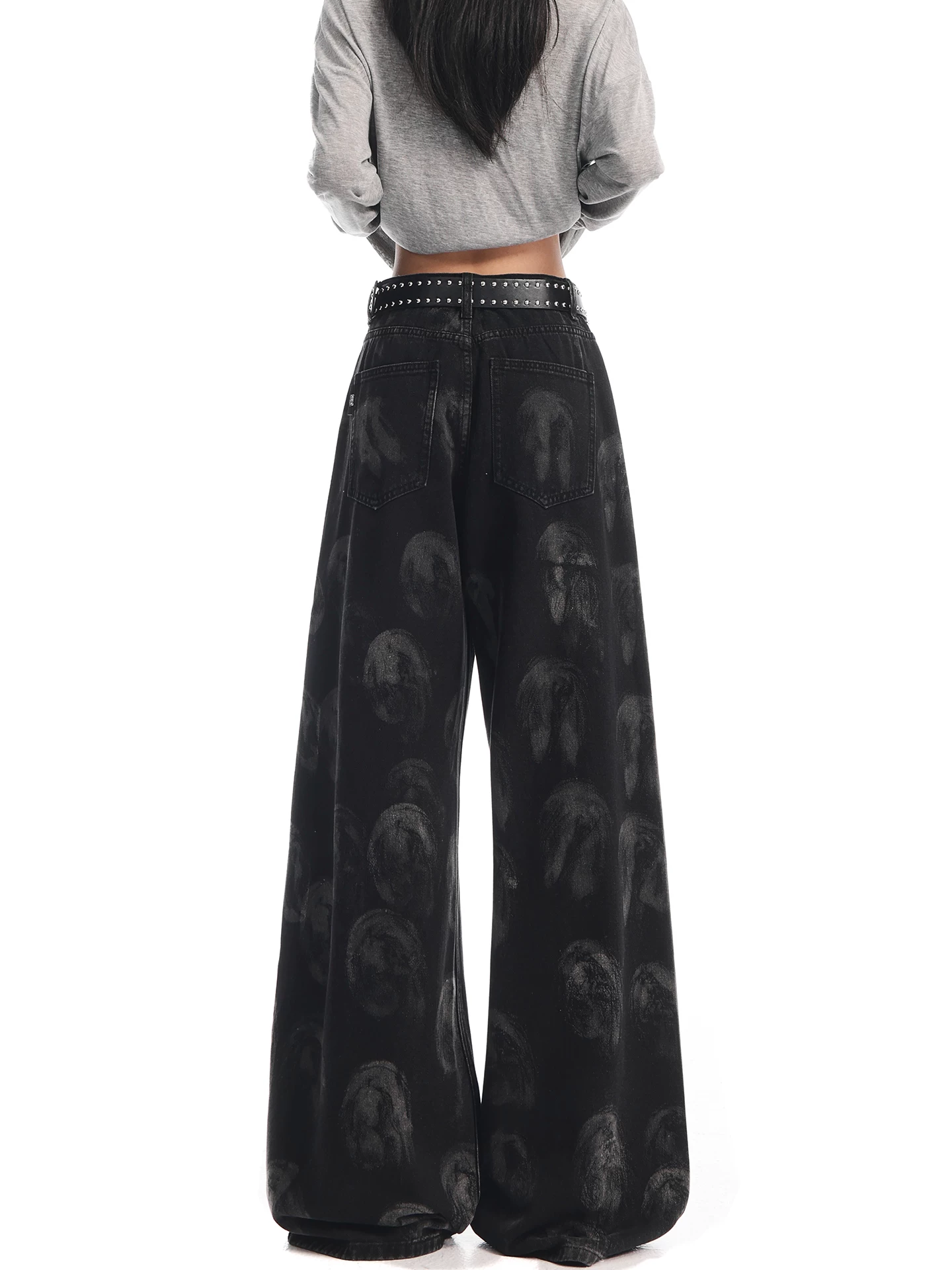 KEN STUDIO quần jean in họa tiết cổ điển mới của Mỹ mùa thu đông dành cho nữ, quần ống rộng cạp cao, quần dài đến sàn