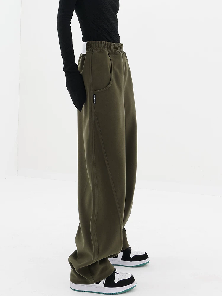 KEN STUDIO quần mùa thu đông dày dặn kiểu dáng lưỡi liềm quần thể thao nữ giữ ấm quần thể thao ống rộng quần thường ngày