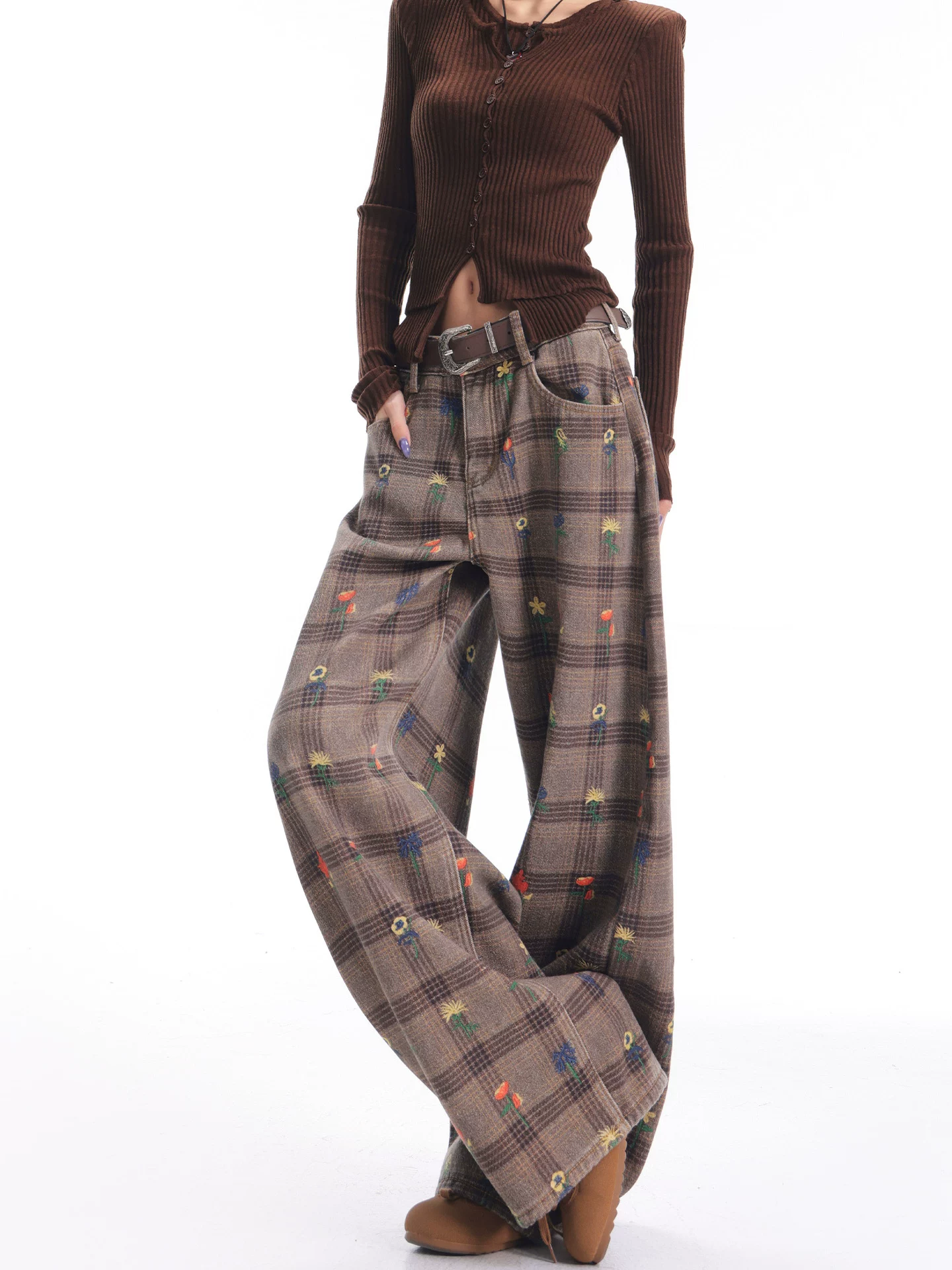 KEN STUDIO quần jean in họa tiết kẻ sọc màu cà phê mới mùa thu đông dành cho nữ, quần ống rộng lót lông dày kiểu cổ điển.