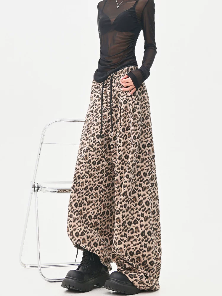 KEN STUDIO Quần âu in họa tiết da báo phong cách đường phố Mỹ dành cho nữ, quần ống rộng lưng cao có dây rút mùa hè mới