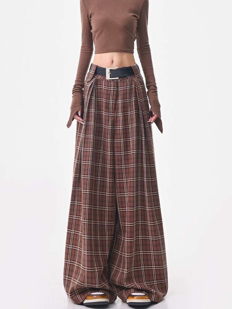 KEN STUDIO quần âu kẻ sọc màu cà phê cổ điển mới mùa hè và mùa thu dành cho nữ, quần cạp cao, dáng rộng, quần kiểu dáng ôm dáng.