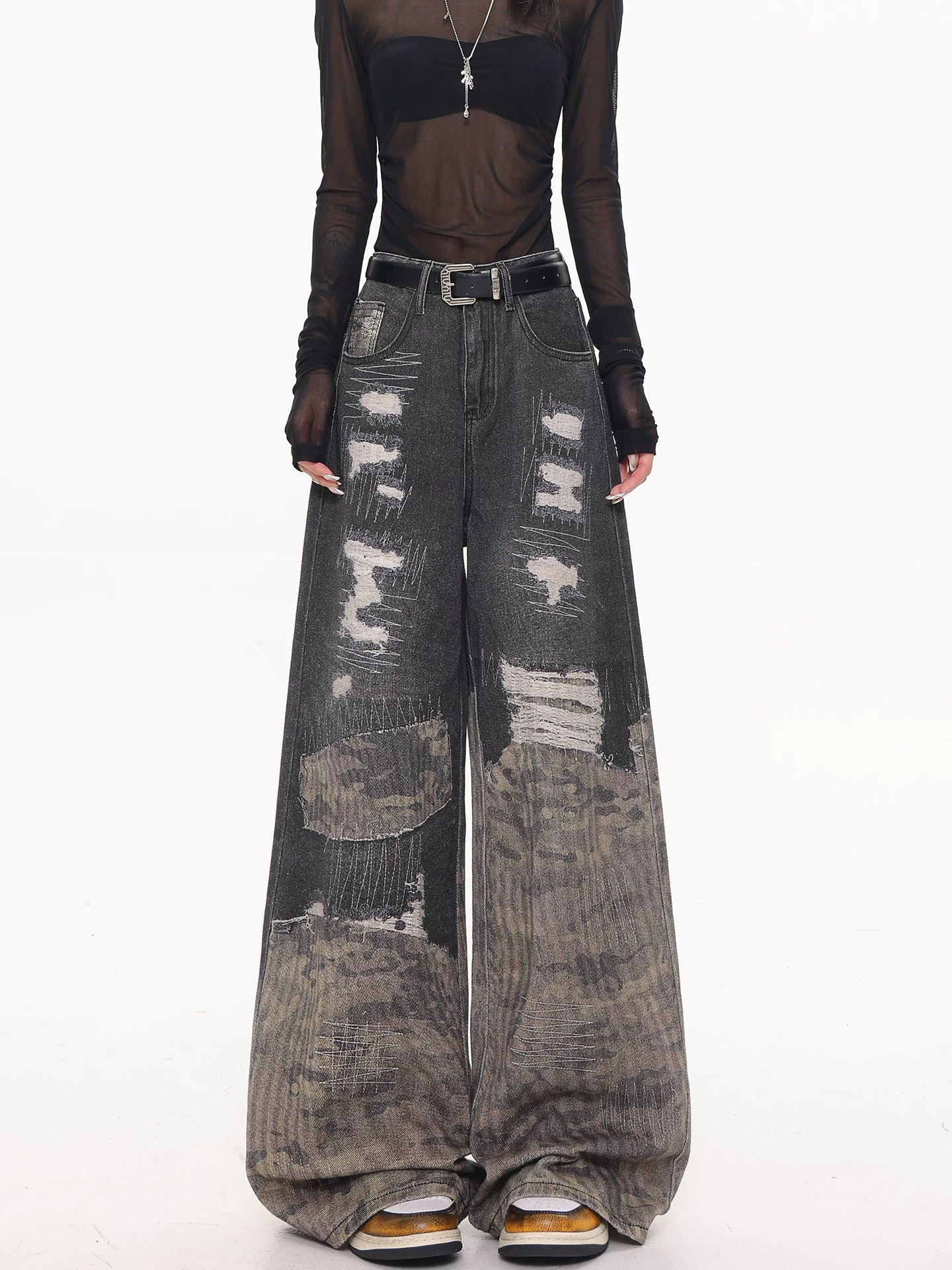 KEN STUDIO Quần jean in họa tiết ngụy trang phong cách Mỹ mùa thu mới dành cho nữ, quần ống rộng dài đến sàn mang phong cách thiết kế