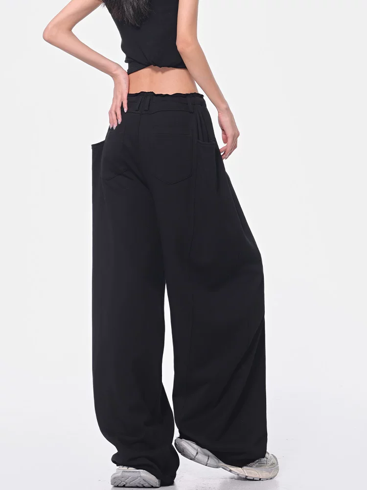KEN STUDIO Xuân Thu Quần dài dây rút màu đen mới Quần nữ lưng cao dáng rộng Quần ống rộng dài đến sàn