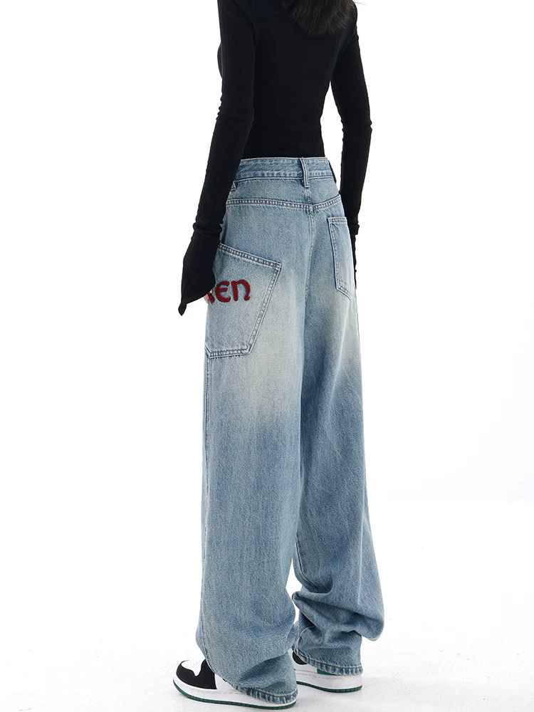 KEN STUDIO thiết kế độc đáo quần jean denim thêu thêu dành cho nữ có túi lớn, lưng cao, quần ống rộng cổ điển, quần ống thẳng