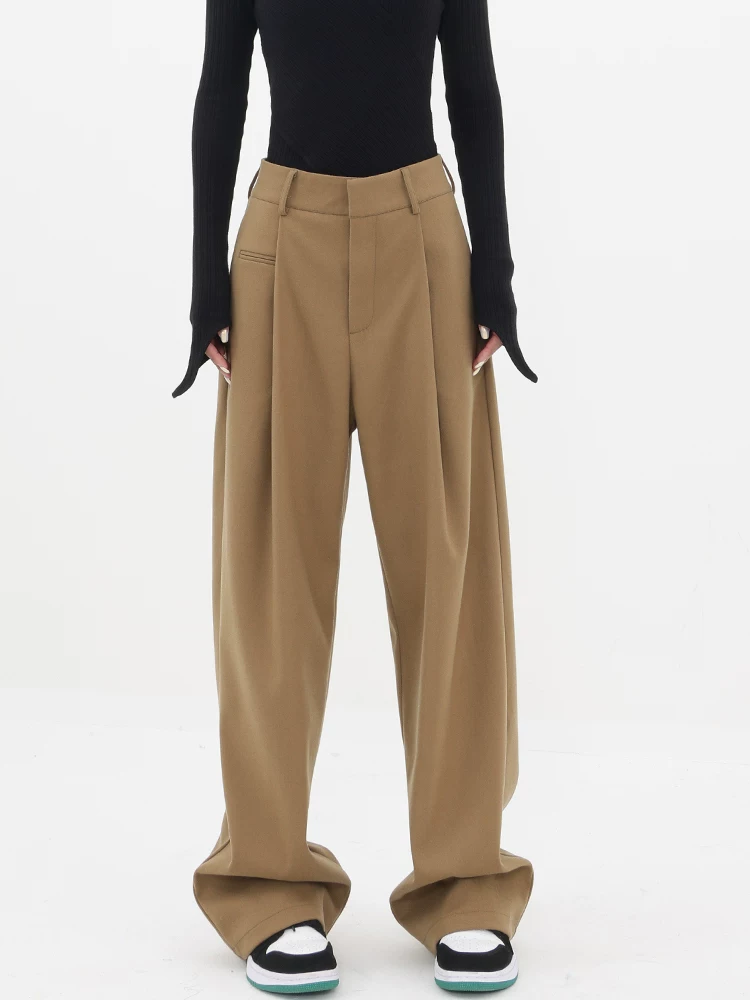 KEN STUDIO quần tây ống đứng màu kaki dày dặn mùa thu đông dành cho nữ, quần ống đứng drapey, quần thường ngày, quần công sở.