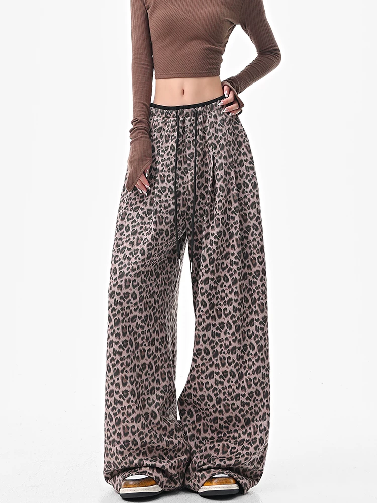 KEN STUDIO Quần thường ngày in họa tiết da báo kiểu Mỹ dành cho nữ, quần ống rộng dáng thẳng cạp cao mới mùa thu đông