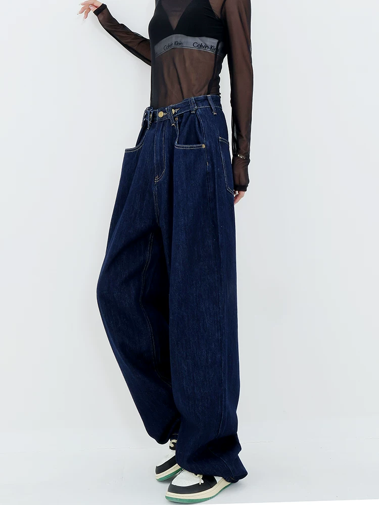 Quần jean ống đứng màu xanh đậm mùa xuân thu của KEN STUDIO dành cho phụ nữ cao, quần dài, quần cạp thấp và quần cạp cao.