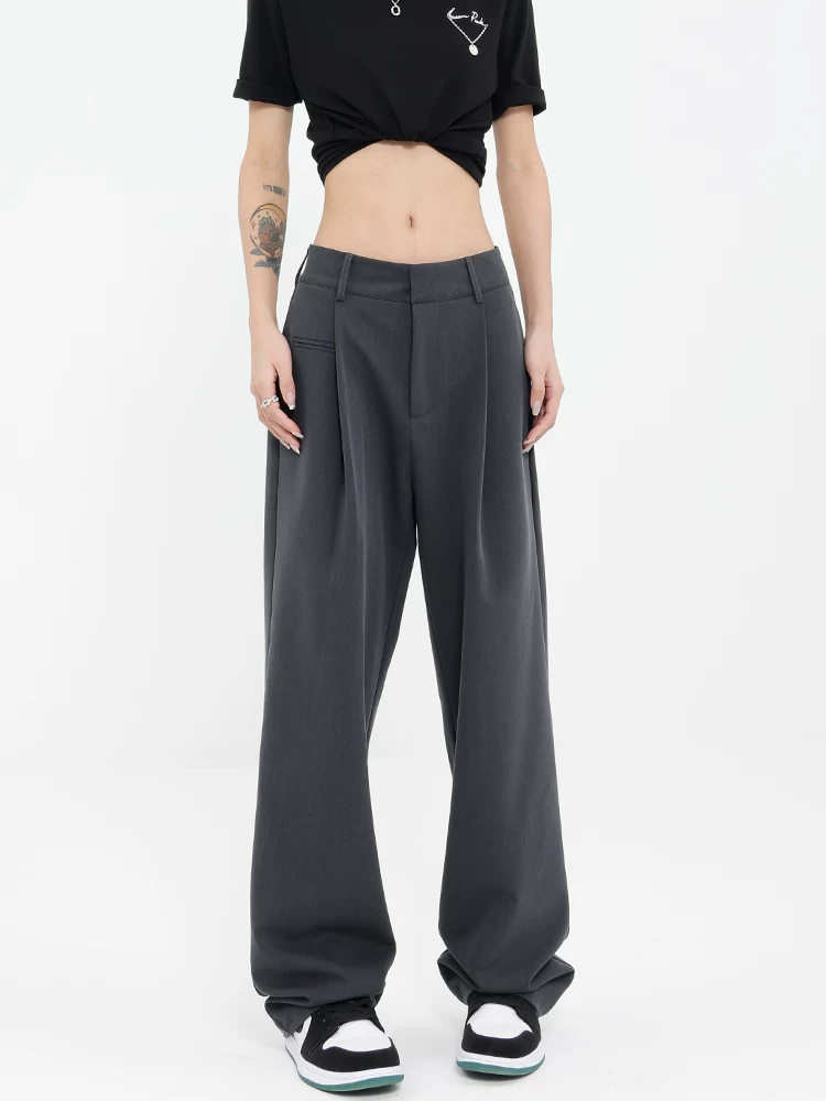 KEN STUDIO quần tây dày màu đen thu đông dành cho nữ, quần dáng suông, quần thường ngày, quần ống thẳng, quần công sở.