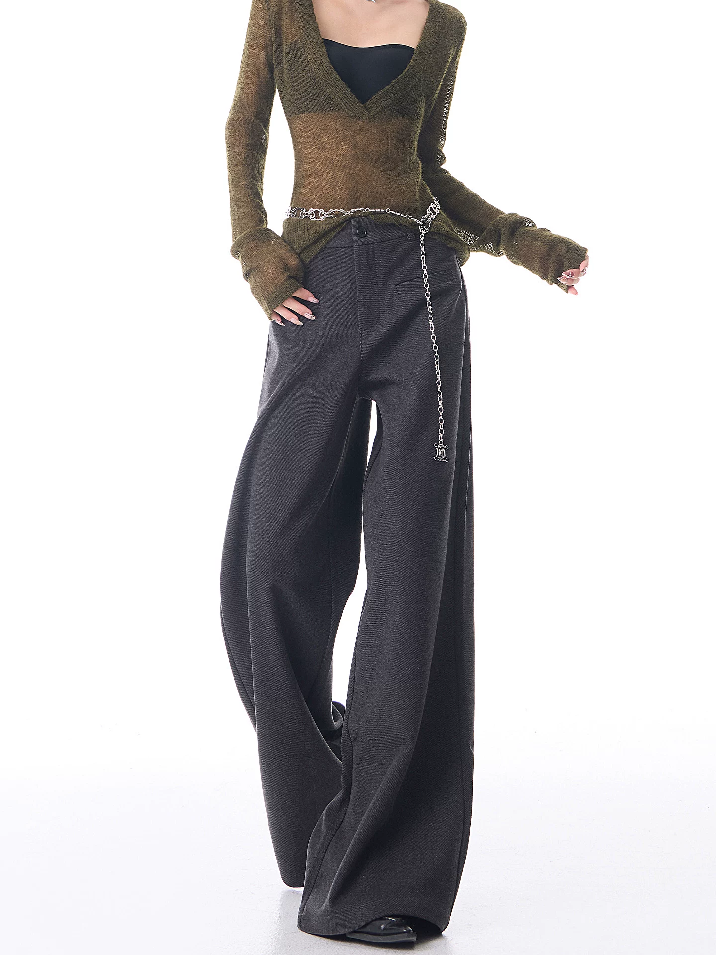 KEN STUDIO quần âu ống rộng bằng len dày mới mùa thu đông dành cho nữ, quần dài dáng rộng màu xám.