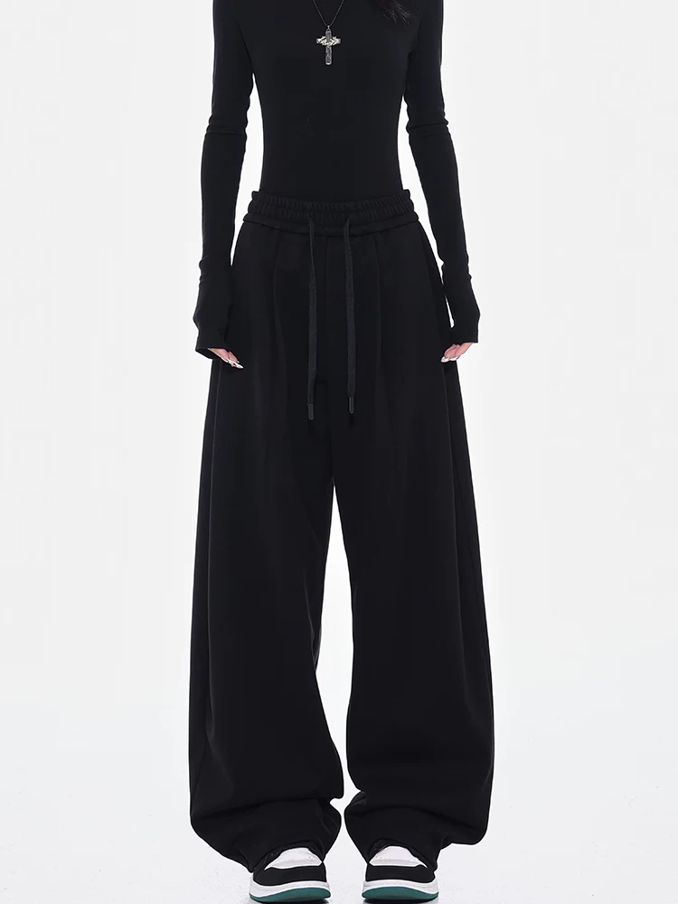 KEN STUDIO quần thể thao ống đứng màu đen dày dặn có dây rút ở eo co giãn dành cho nữ, quần thường ngày rộng rãi và mềm mại