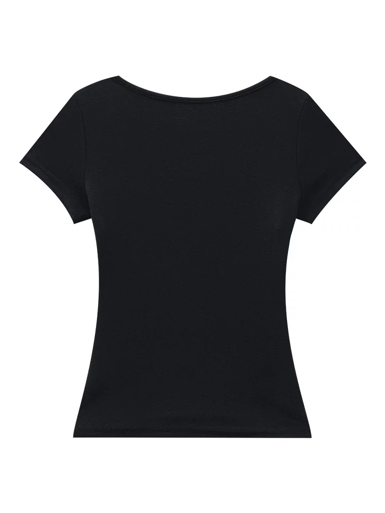 KEN STUDIO phong cách mới mùa hè Áo thun ngắn tay cổ chữ U kiểu dáng cay cay dành cho nữ có đệm ngực, ôm vừa vặn và tôn dáng bên trong