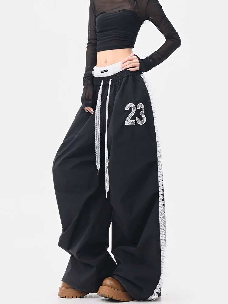 KEN STUDIO nhảy đường phố hợp thời trang thương hiệu ren chắp vá quần âu nữ dáng rộng thẳng lưng thun nhảy jazz quần mùa hè