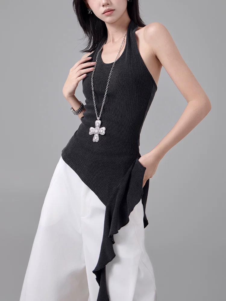 Áo camisole nữ mùa hè kiểu dáng ôm sát, chất liệu len đan, thiết kế dây halter, lưng trần, phối nơ, thương hiệu KEN STUDIO