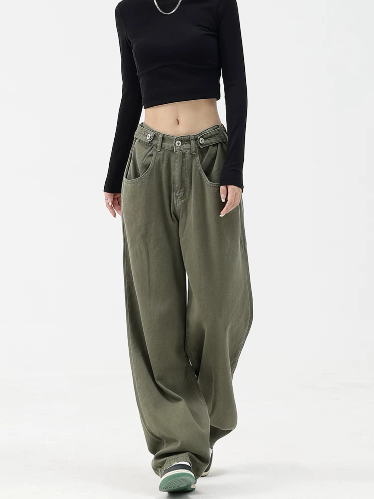 KEN STUDIO Quần jean cổ điển lót lông mùa thu đông dành cho nữ, quần ống rộng lưng thấp, quần ống rộng, quần thường ngày.