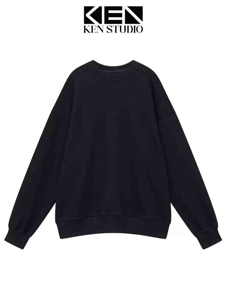 KEN STUDIO Áo len cổ tròn nhung đen mới thu đông dành cho nữ, dáng rộng và đa năng, áo chui đầu thông thường giúp giảm béo