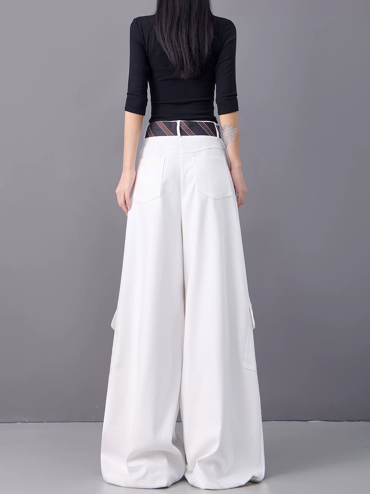 KEN STUDIO mùa thu đông mới màu trắng dày dặn quần âu thường ngày nữ lưng cao thẳng quần cargo rộng rãi quần dài