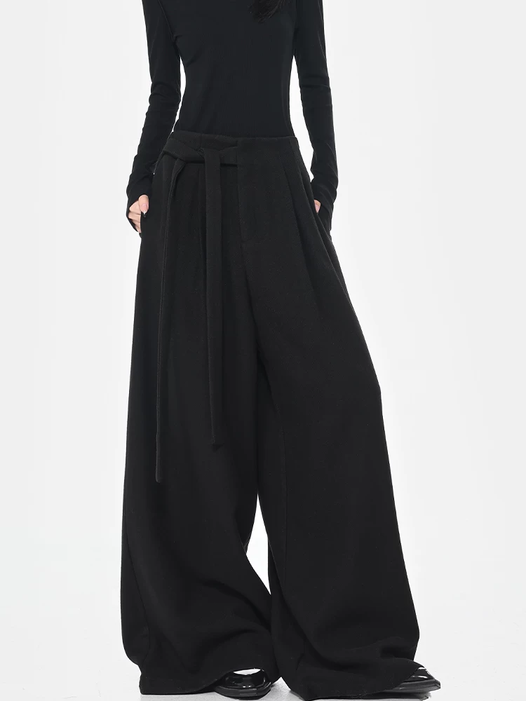 Quần tây dày màu đen thu đông của KEN STUDIO dành cho nữ, quần ống rộng thiết kế thắt lưng cao, dáng rộng, thoải mái