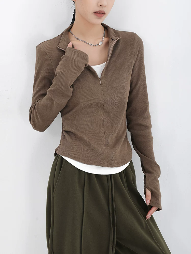 KEN STUDIO Áo thun dài tay dáng ôm màu cà phê mới mùa xuân thu dành cho nữ, áo sơ mi thiết kế dây kéo giả hai mảnh