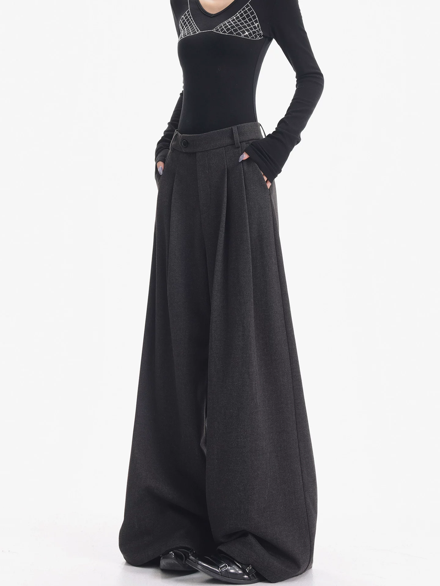 KEN STUDIO Quần tây ống rộng bằng len dày màu xám mới dành cho nữ mùa thu đông, quần dài dáng rộng và tôn dáng