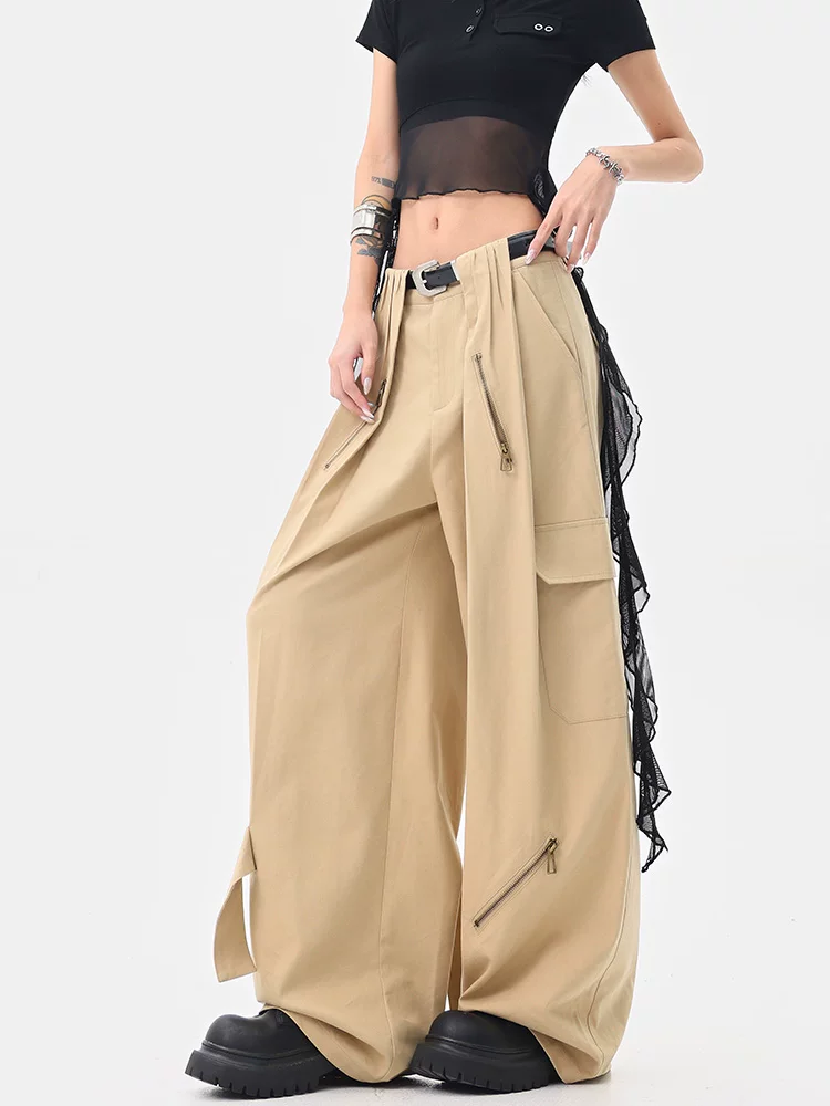 Quần kaki nhiều túi phong cách retro của KEN STUDIO dành cho nữ, phong cách mùa hè mới, quần ống rộng dáng rộng.