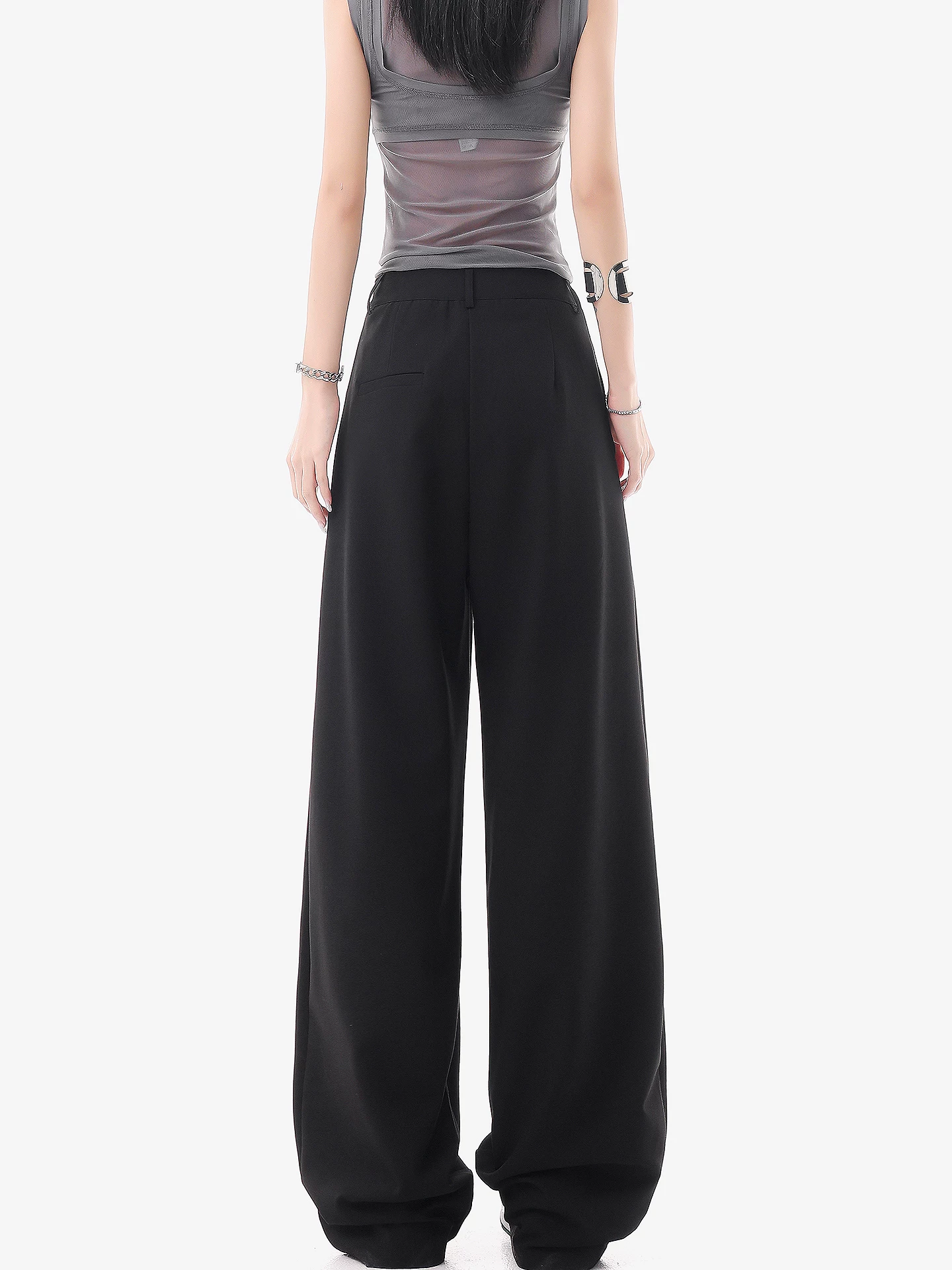 KEN STUDIO quần vest đen mới mùa hè dành cho nữ với thiết kế xếp nếp, quần ống đứng thông thường, quần âu.