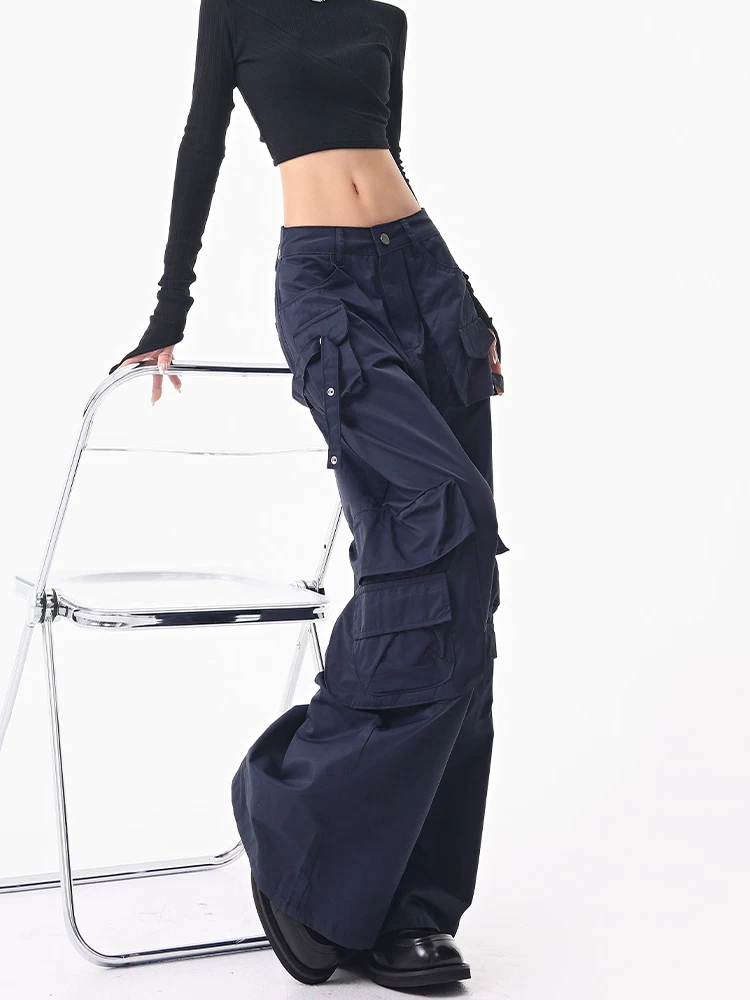 KEN STUDIO Quần cargo kẻ sọc mùa thu mới dành cho nữ, kiểu dáng rộng rãi, tôn dáng, quần ống rộng dài đến sàn