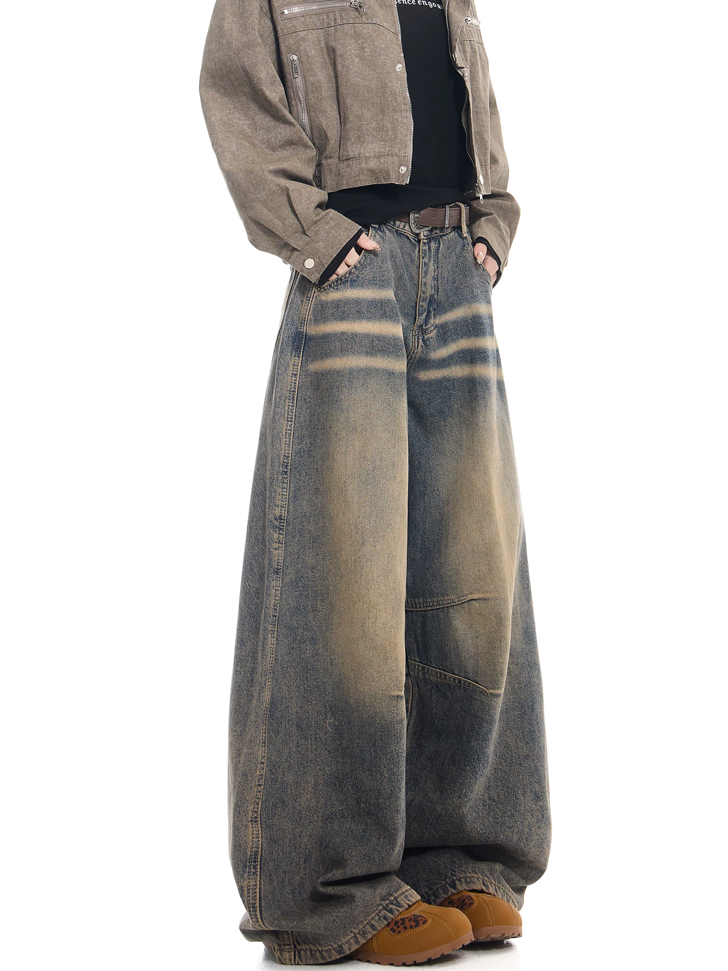 KEN STUDIO Xuân Thu Mới Vintage Giặt Xước Quần Jeans Nữ Cao Cấp Rộng Ống Quần Scimitar